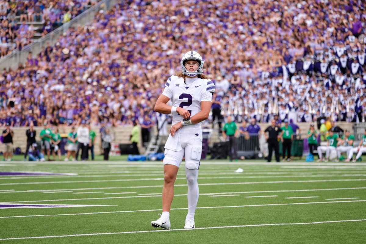 Kansas State quarterback Avery Johnson (2) gazes up into the stands during the game against North Dakota on August 30, 2025.