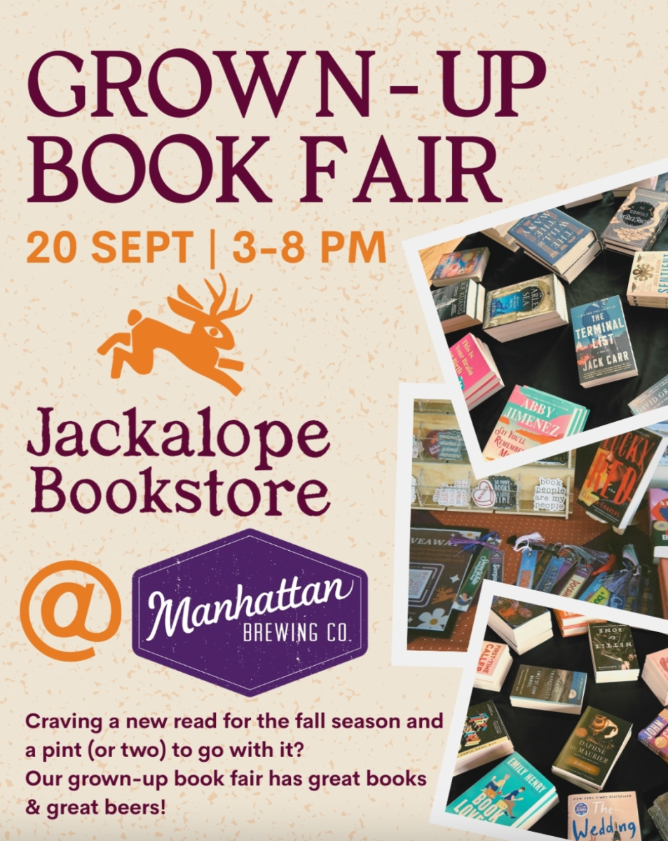 Manhattan Brewing Company and Jackalope Bookstore partner to put on their second Grown-Up Book Fair on Sept. 20 from 3 p.m. to 8 p.m. (Graphic courtesy of Jackalope Bookstore Facebook)
