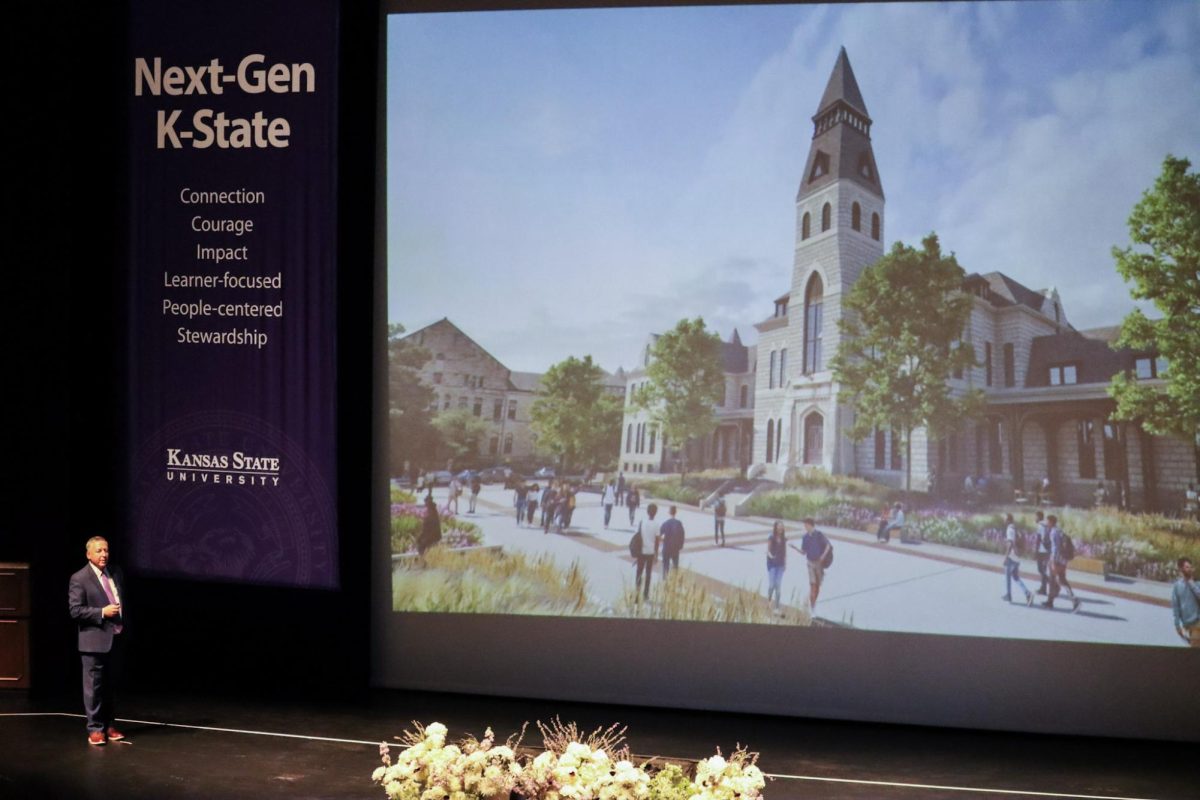 President Linton unveils renderings for the Anderson Hall renovations included in the 2025-2030 Campus Master Plan. The new exterior is modeled after the old look of the building from the 20th century. (Lilly Crist | Collegian Media Group)