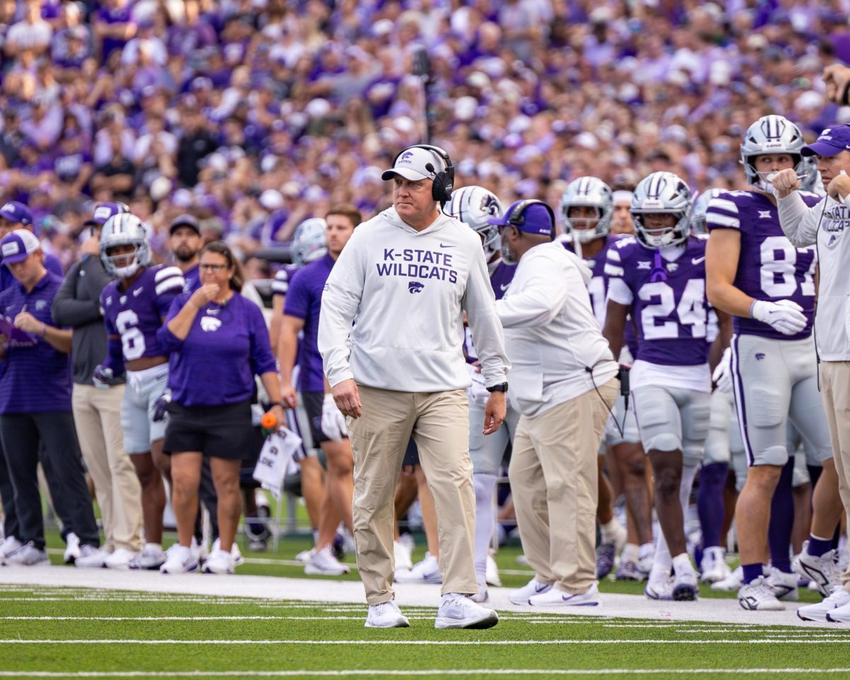 Kansas State Football Head Coach Chris Klieman looks at his team on the field as the set up for the next drive against Army on 9.6.25. The Wildcats fell to Army, 21-24. 