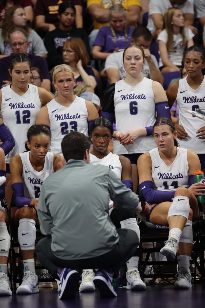 The Cats gather during a timeout while playing Arizona State University. The Cats fell short, in 3 sets, on Sept. 28. 