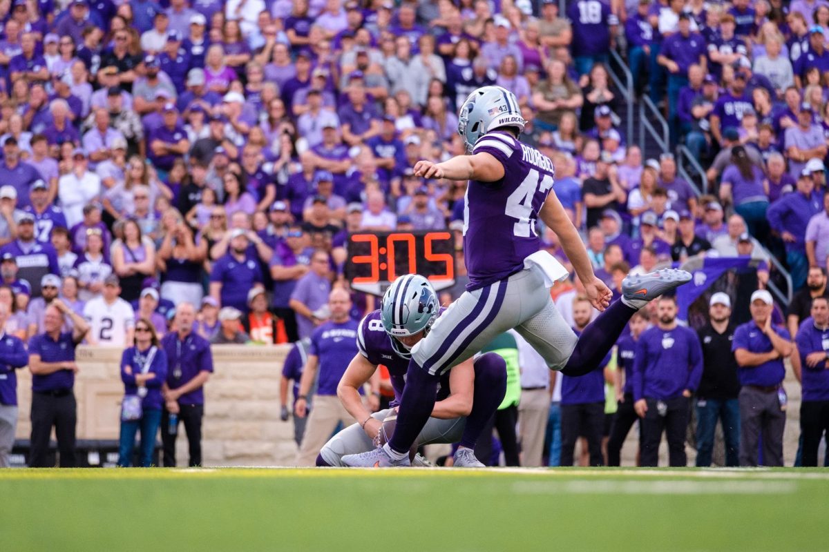 Kansas State Kicker Luis Rodriguez loads up before drilling a field goal during the first half against Army on September 6, 2025. Rodriguez would account for one third of the Wildcats' points in the 21-24 loss to Army. 