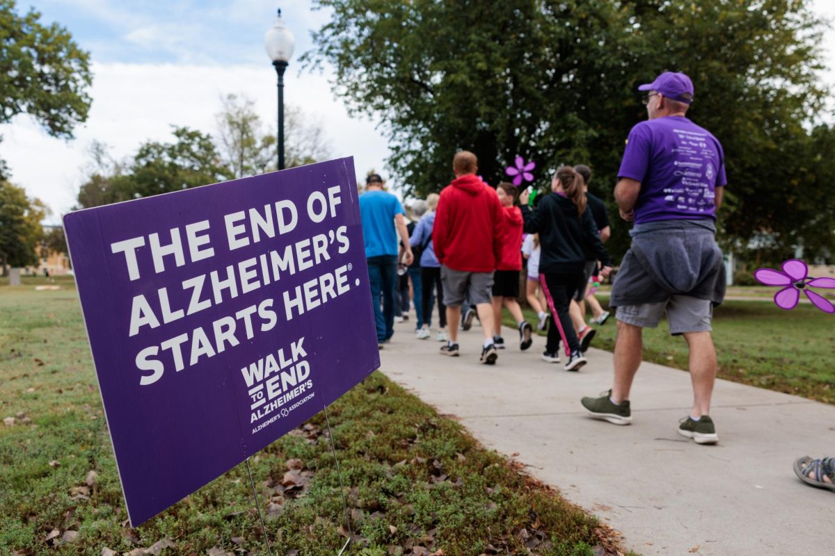 A sign dictating the starting line of the 2025 Walk to End Alzheimer’s 