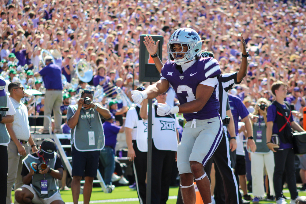 Dylan Edwards celebrates with a giant dance after a big rushing touchdown during K-State’s game on Sept. 27. 