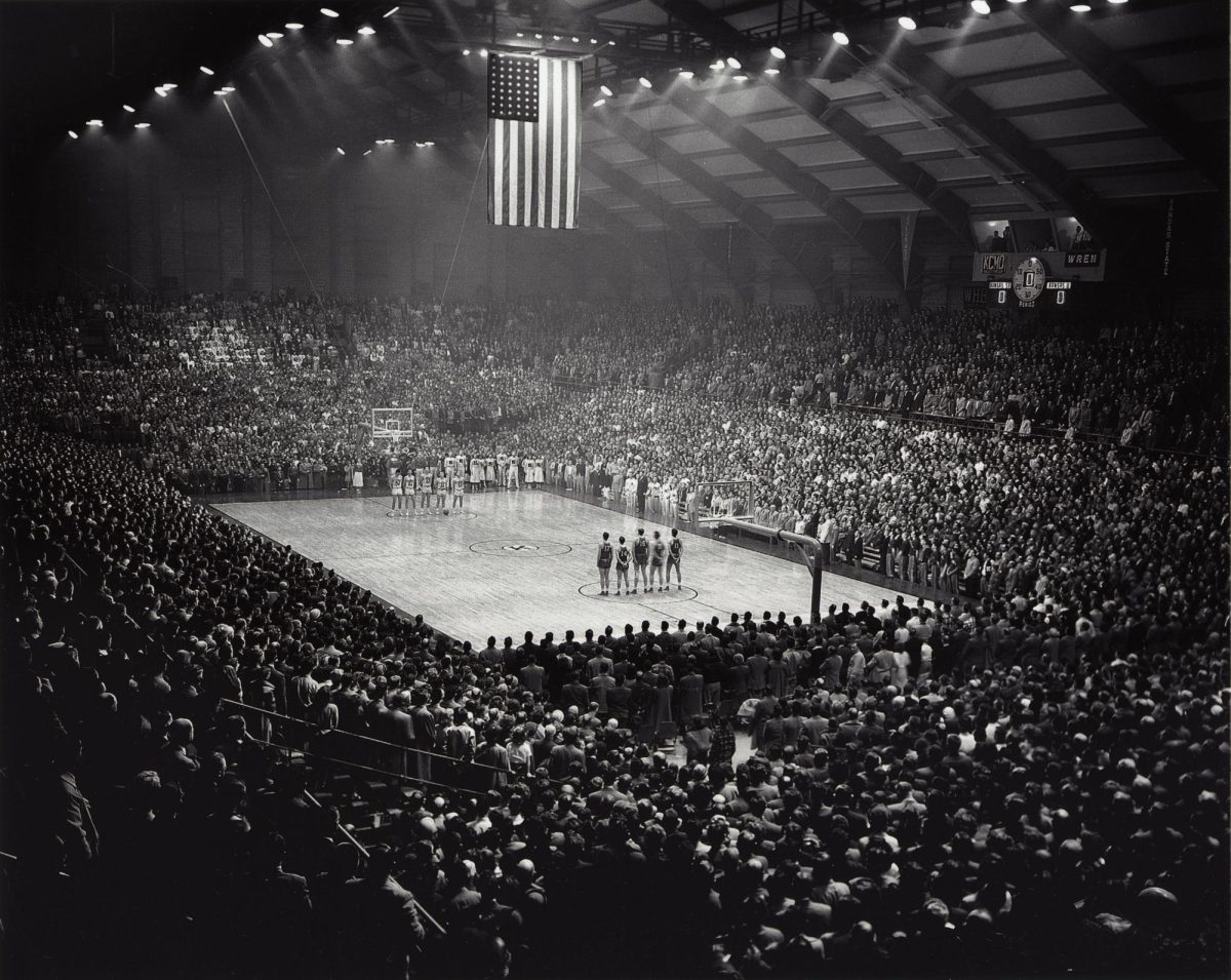 First Basketball Game in Ahearn Field House, 1950. (Photo courtesy of Richard L. D. and Marjorie J. Morse Department of Archives and Special Collections)
