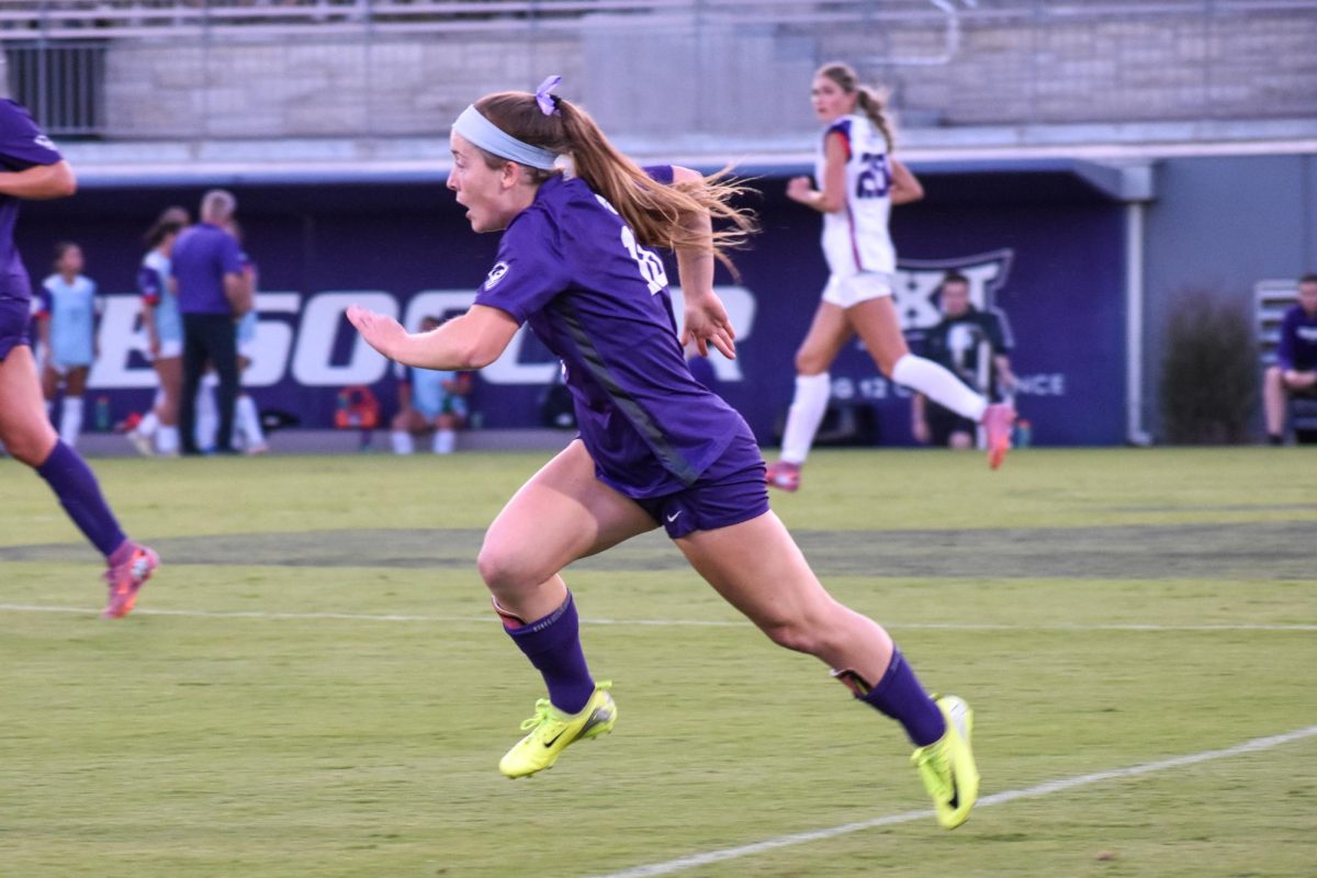 Sophomore Hannah Palmer is chasing after the TCU player with the ball. TCU defeated the Wildcats 0-1 at Buser Family Park on Sept. 25th 