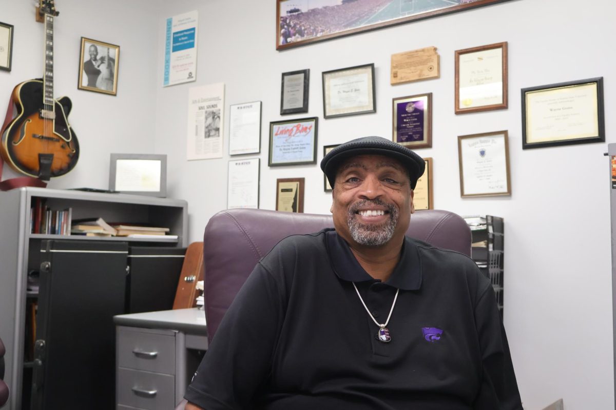 Dr. Wayne Goins has been obsessed with guitar for as long as he can remember, beginning his practice on cardboard and plastic toys. Now, he teaches jazz classes_ensembles at K-State and regularly performs live for the Manhattan community.