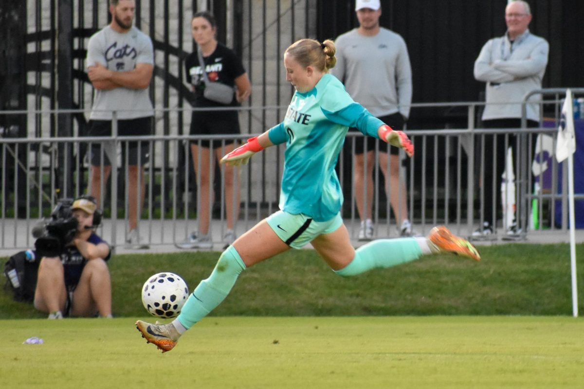 Sophomore goalkeeper Maddie Sibbing kicks the ball downfield after the ball went out of bounds behind the goal. TCU defeated the Wildcats 0-1 at Buser Family Park on Sept. 25th 