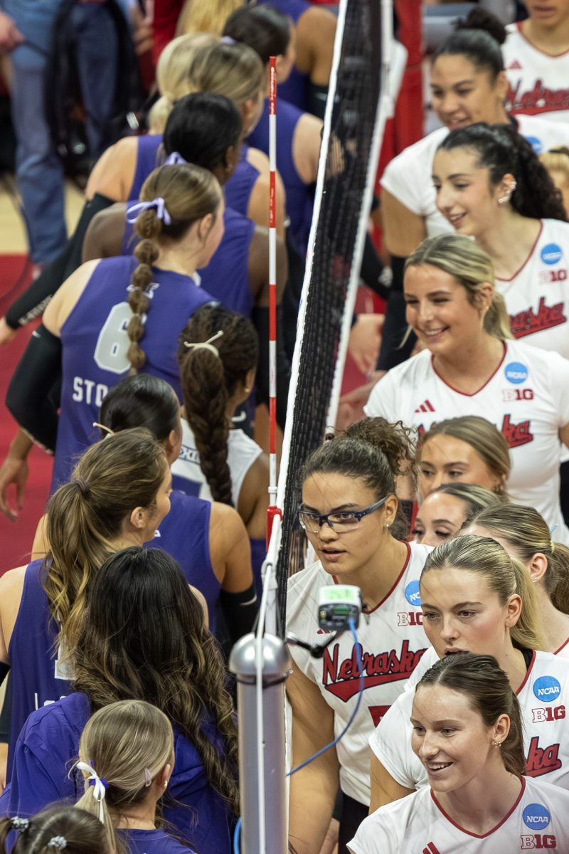 The Kansas State volleyball team shakes Nebraska's hands prior to the NCAA National Championship second round matchup on Saturday, Dec. 6, 2025, in Lincoln, Neb. 