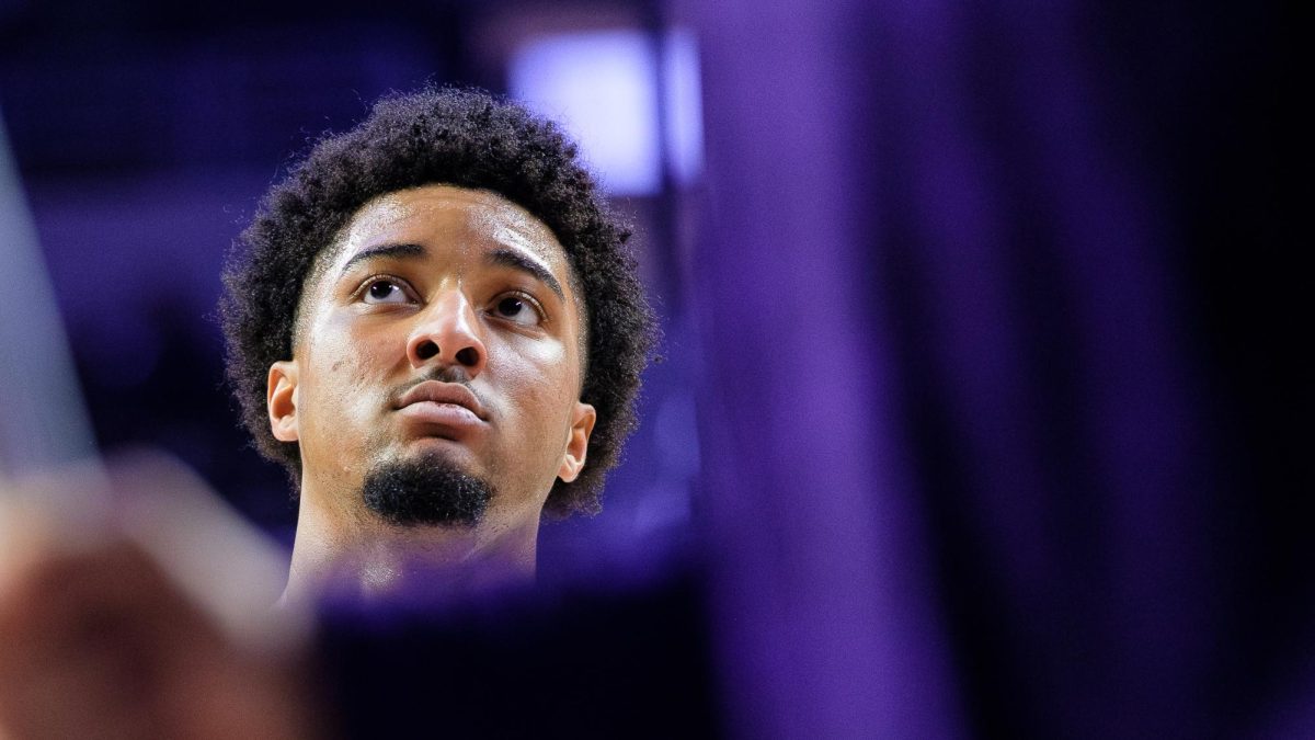 Guard PJ Haggerty (4) looks up to the crowd during a game full of struggles as the Wildcats fell, 78-67, to Seton Hall on December 6, 2025 at Bramlage Coliseum.