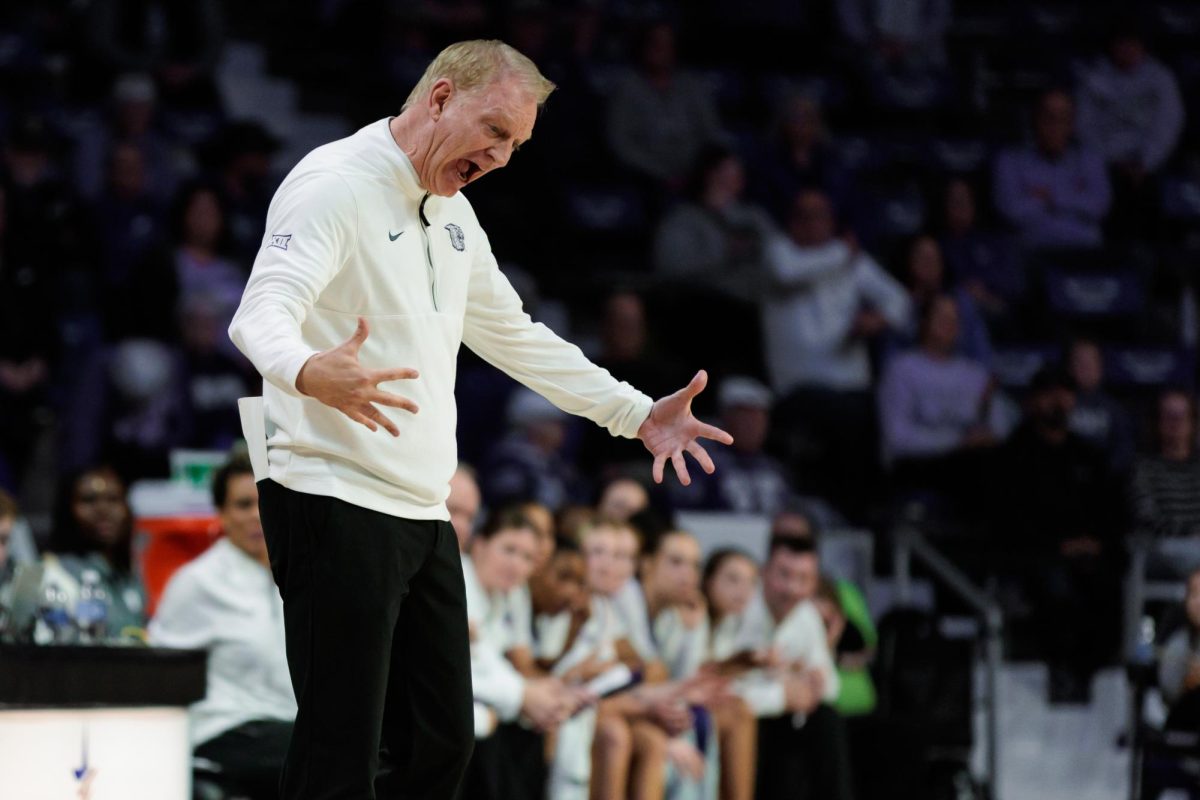 Kansas State coach Jeff Mittie reacts during the basketball game against West Virginia on Sunday, Jan. 4, 2026, at Bramlage Coliseum in Manhattan, Kan.
