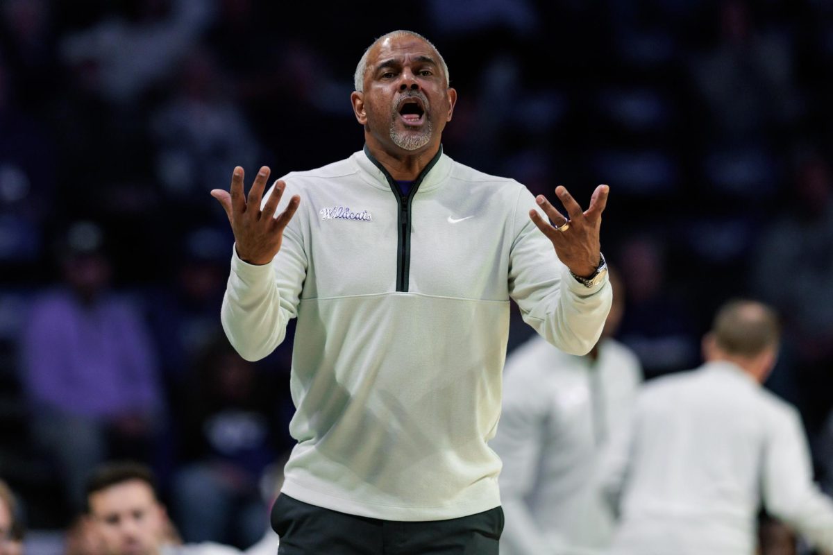 Kansas State coach Jerome Tang reacts after a call during the second half of an NCAA basketball game between the Kansas State Wildcats and the UCF Knights on Wednesday, Jan. 14, 2026, at Bramlage Coliseum in Manhattan, Kan.