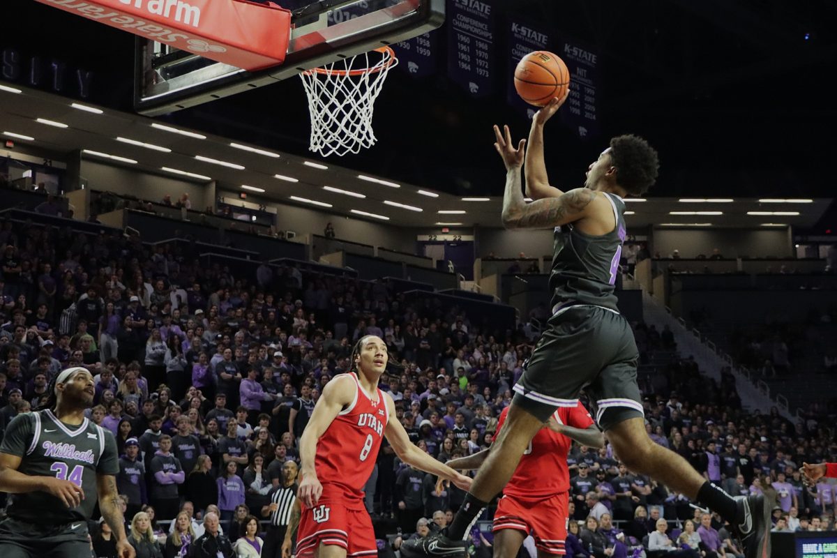 P.J. Haggerty strides to the basket for a shot. Haggerty had 34 points along with four assists and two steals against the Utah Utes. The Wildcats won 81-78 at Bramlage Coliseum on Jan 21, 2026.