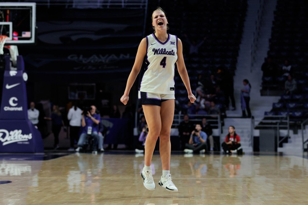 
Kansas State forward Nastja Claessens (4) reacts during the second half of an NCAA basketball game against Utah on Saturday, Jan. 10, at Bramlage Coliseum in Manhattan, Kan.