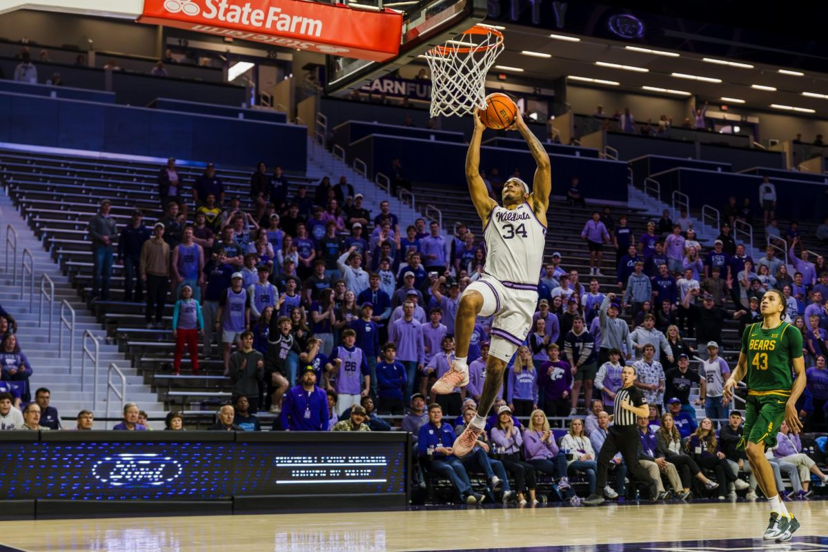 Nate Johnson (34) rises for a dunk during the second half against Baylor on Feb. 18, 2026, at Bramlage Coliseum in Manhattan, Kansas. Johnson led the Wildcats with 33 points.