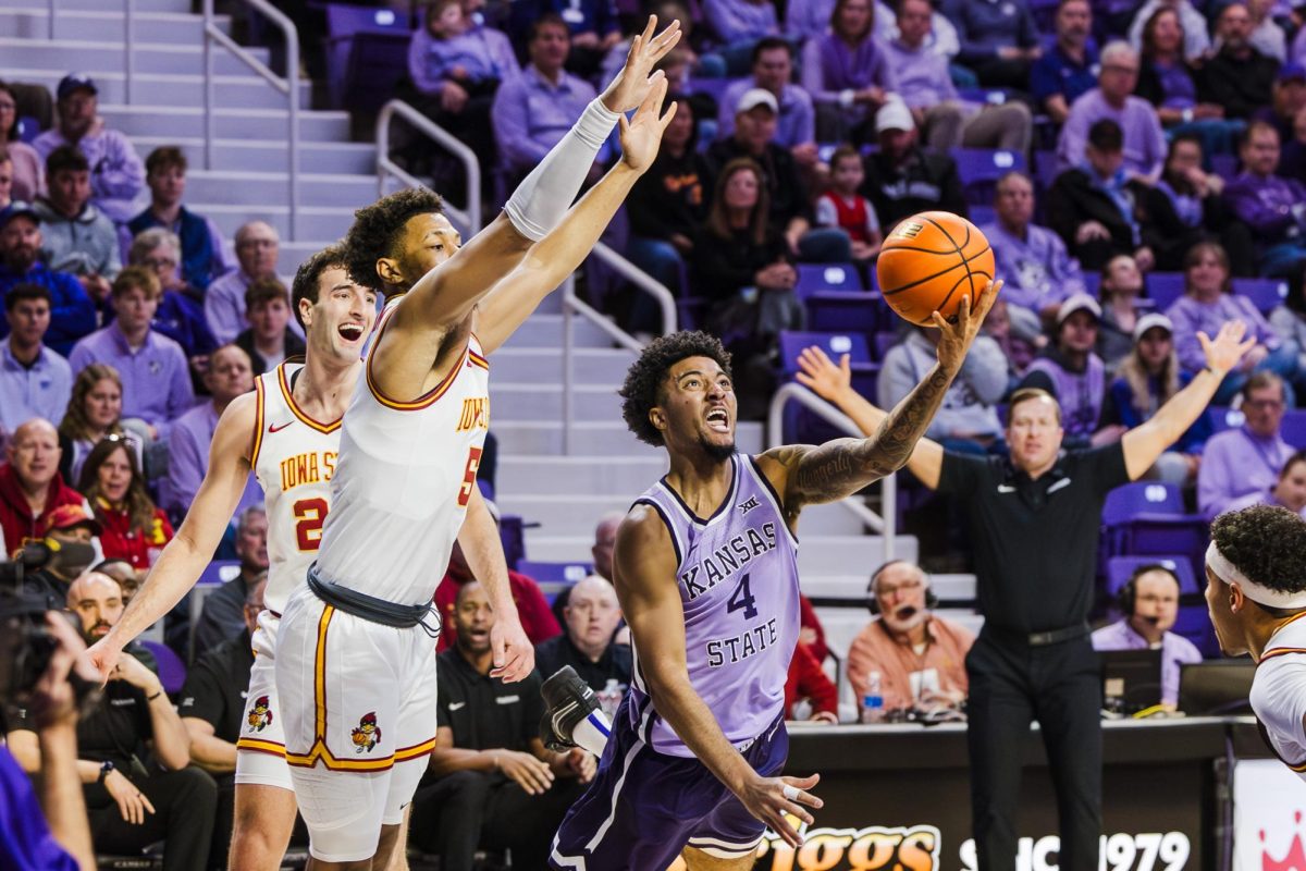 Guard P.J. Haggerty takes a shot from under the basket against Iowa State. Haggerty led K-State with 23 points, nine rebounds and three assists. The Wildcats lost 95-61 in Bramlage Coliseum on February 1, 2026.
