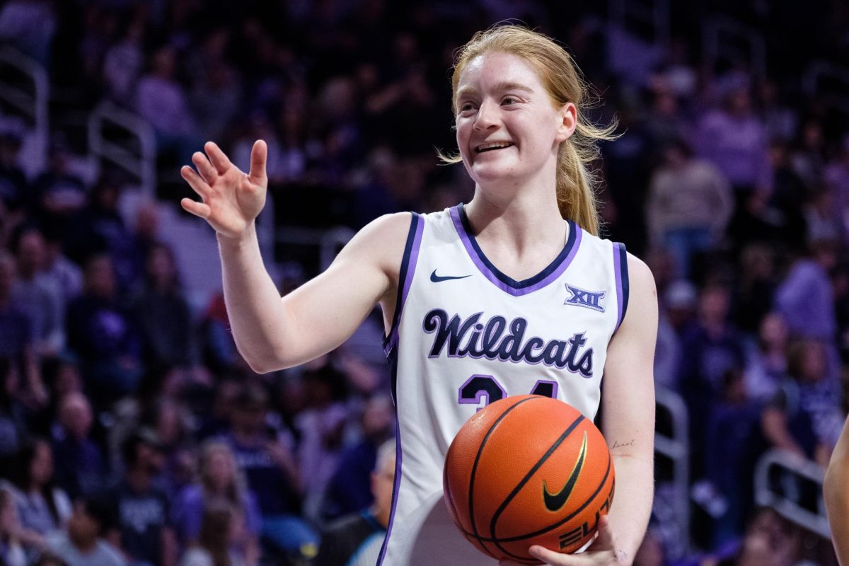 Guard Tess Heal (34) celebrates after a layup by Taryn Sides in teh December 31, 2025 Big XII opener against Cincinatti at Bramlage Coliseum.  