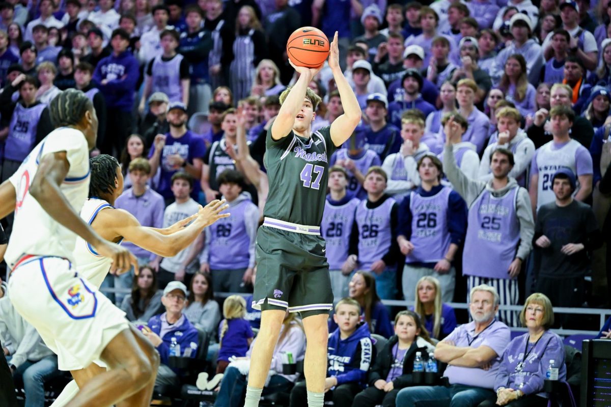 Andrej Kostic shoots during the first half of the 2026 Sunflower Showdown on Jan. 24. Kostic had a total of 12 points during the losing game to Kansas. 