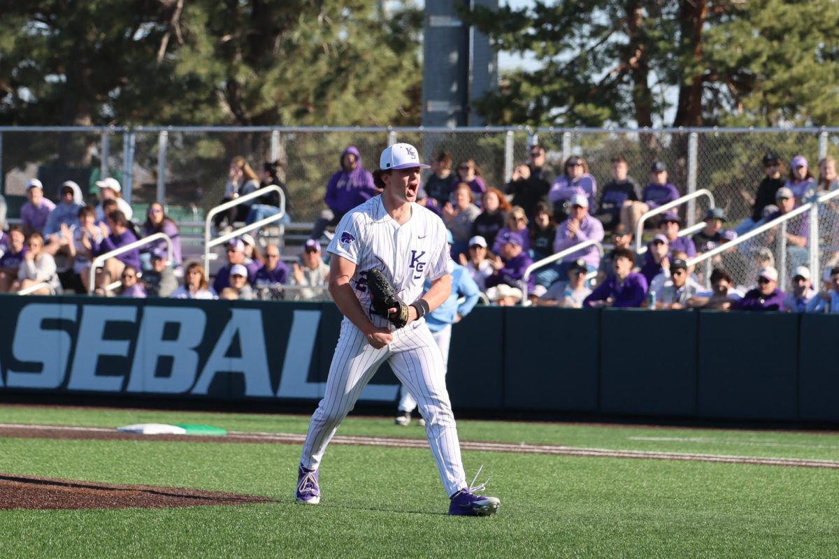 Tazwell Butler riffles a strike down to close out a 3-2 pitch count, ending Columbia's at-bat in the 7th inning. K-State beat Columbia, 5-2 at Tointon Family Stadium on Feb. 28, for their spring home opener. 