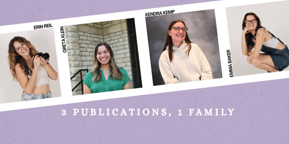 Collegian Media Group leadership for 2026-2027 includes Greta Klein as editor-in-chief of The K-State Collegian, Kendra Kemp as editor-in-chief of The Royal Purple, and Emma Baker and Erin Reil as co-editors of Manhappenin' Magazine. Photo courtesy of Collegian Media Group.