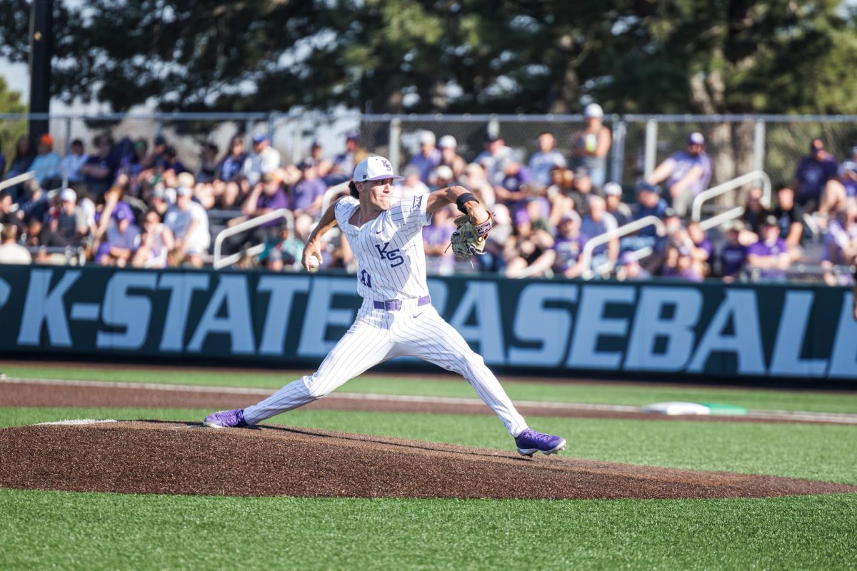 Kansas State reliever Miles Smith (40) winds up on the mound against Arizona State University on March 21. He pitched three innings without allowing a run, helping stabilize the Wildcats’ bullpen.