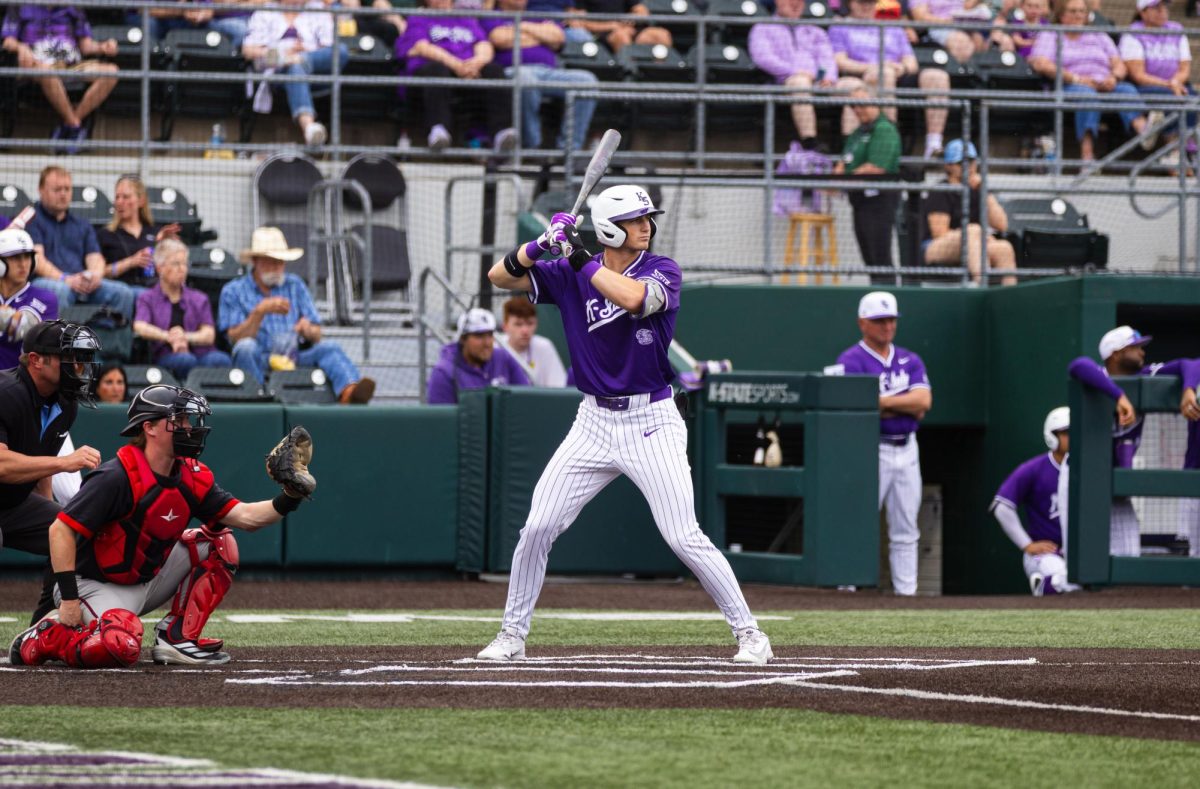 Cadyn Karl looks for a pitch against Omaha during a midweek matchup. K-State would lose 12-5 against the Mavericks after going six scoreless innings. Karl went 1-2 at the plate, knocking out a double and an RBI. 