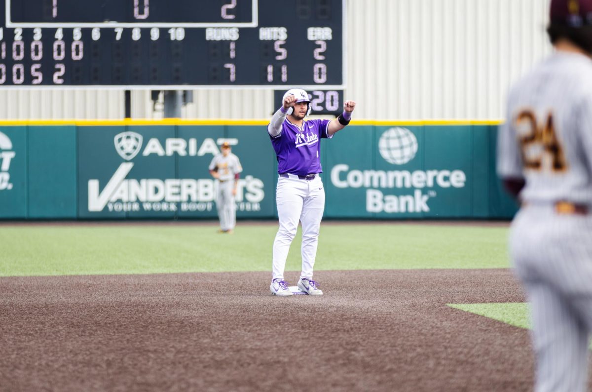 Bear Madliak celebrates advancing to second base. Madliak had one hit and one run in the game. The Wilcats defeated Arizona State 12-1 on March 22 at Tointon Family Stadium. 