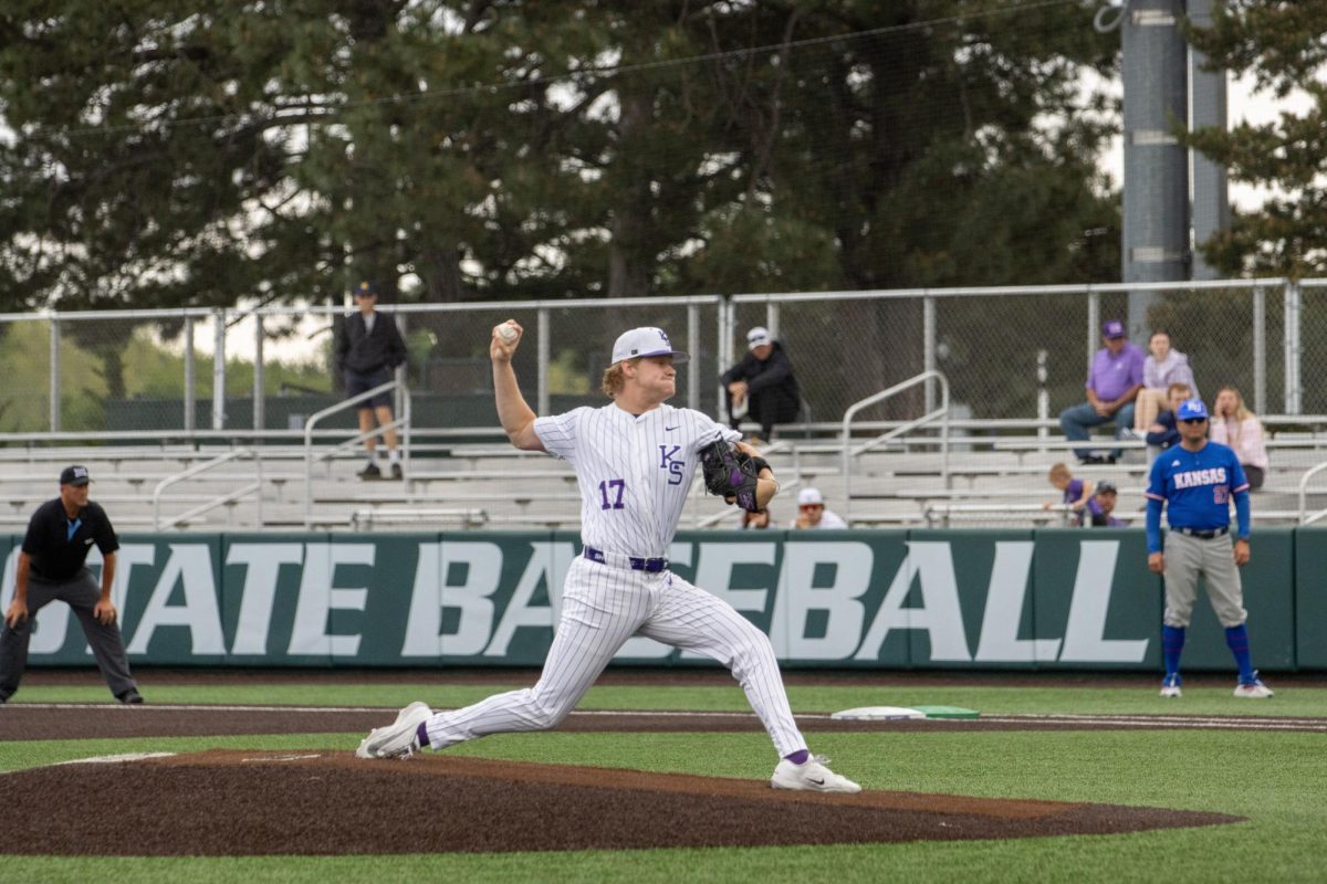 Redshirt senior Cohen Feser is pitching for the Wildcats. The Jayhawks defeated the Wildcats 9-7 at Tointon Family Stadium on April 26. 
