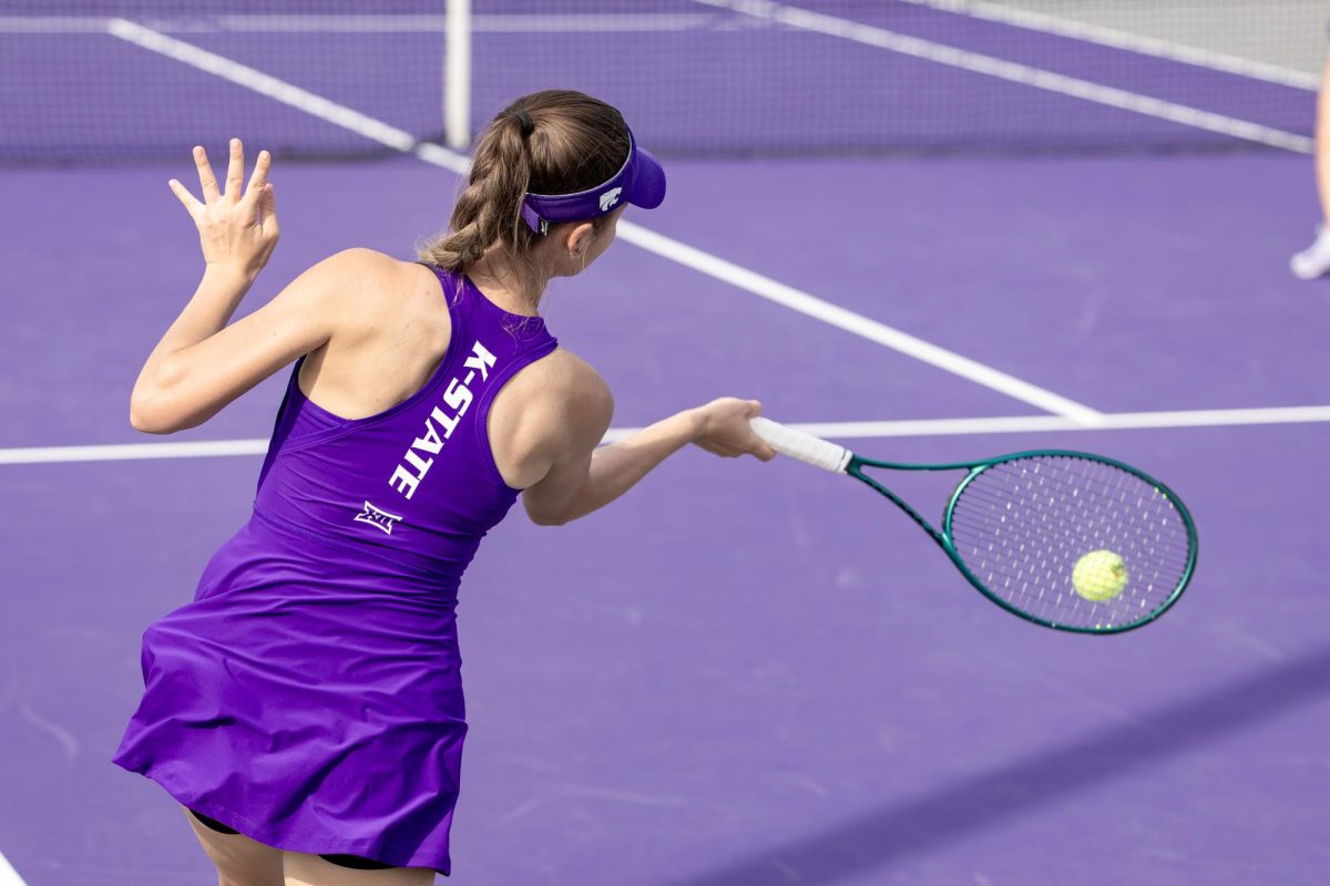 Kansas State’s Varvara Bernovich returns a shot during her doubles match against Baylor at Mike Goss Tennis Stadium on March 20.  
