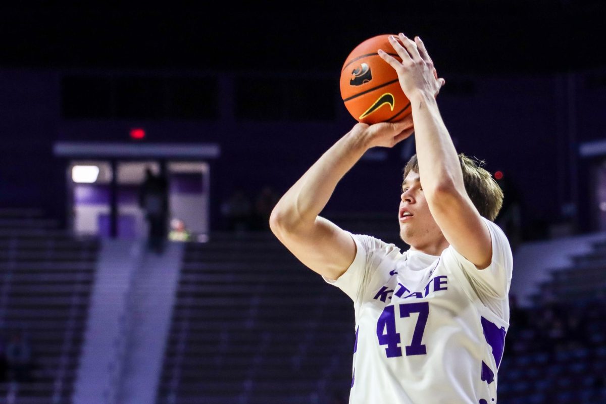 Andrej Kostic shoots a three-point shot on Dec. 8, 2025 in Bramlage Coliseum. The Cats defeated MVSU with a final of 108-49. 