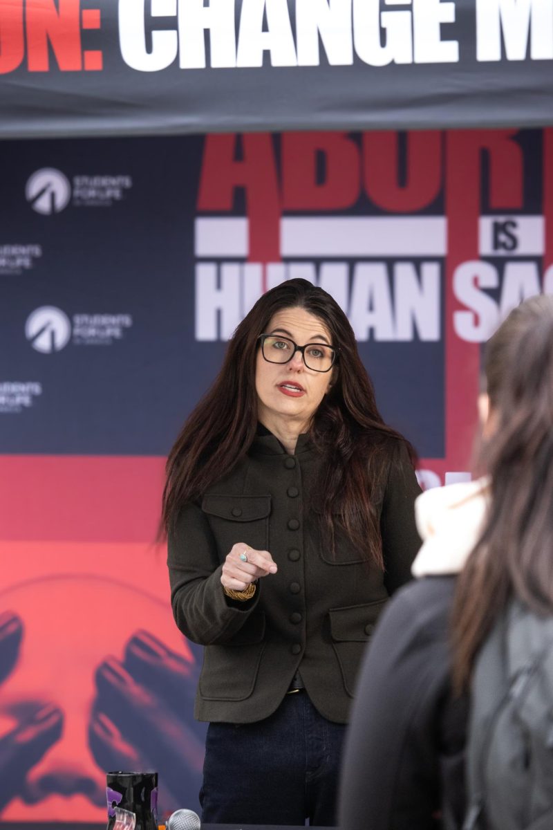 President of Students For Life, Kristan Hawkins talks with Kansas State students on April 1 on Bosco Plaza. 