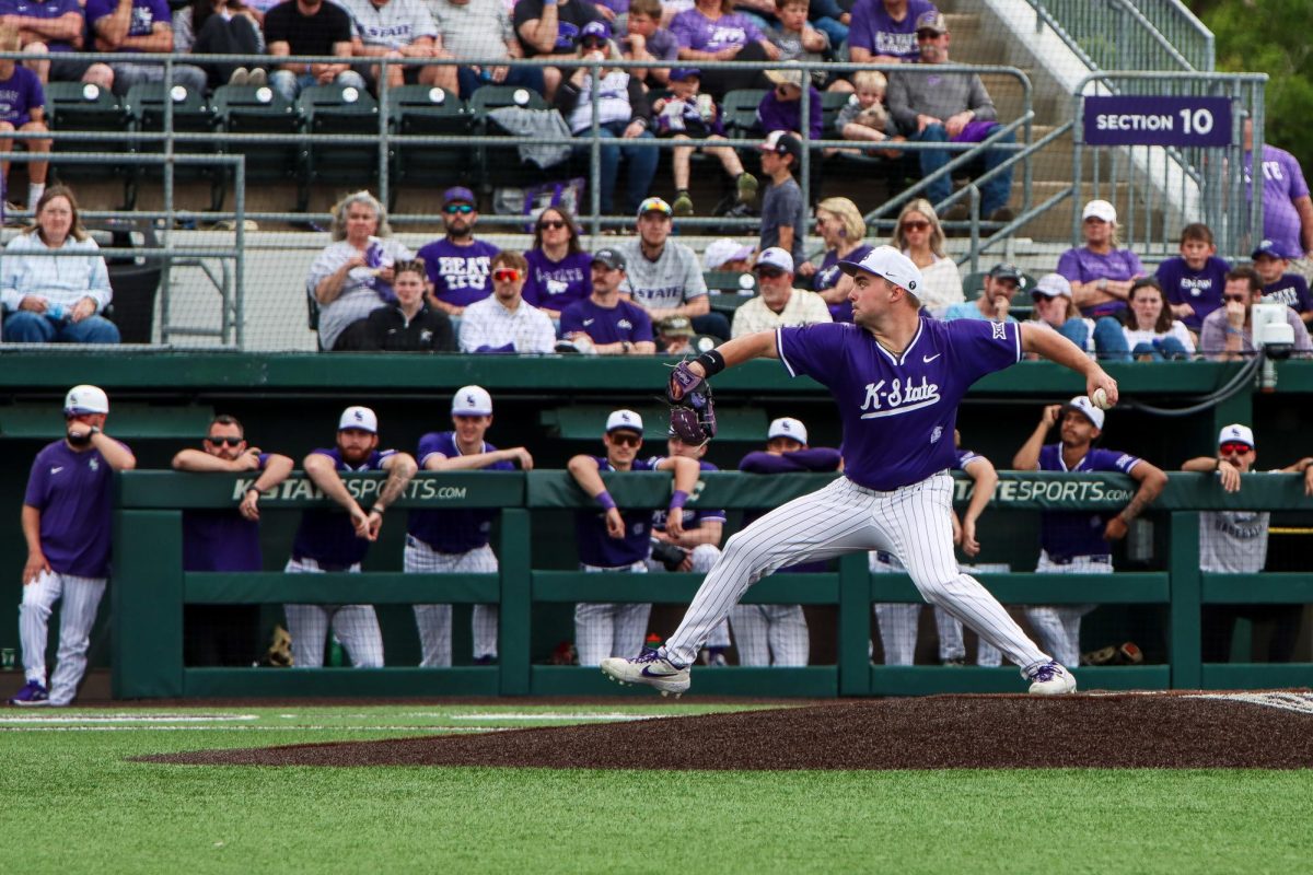 Lincoln Sheffield pitches to an opposing KU player during the second game of the Sunflower Showdown on April 25 at Tointon Family Stadium.