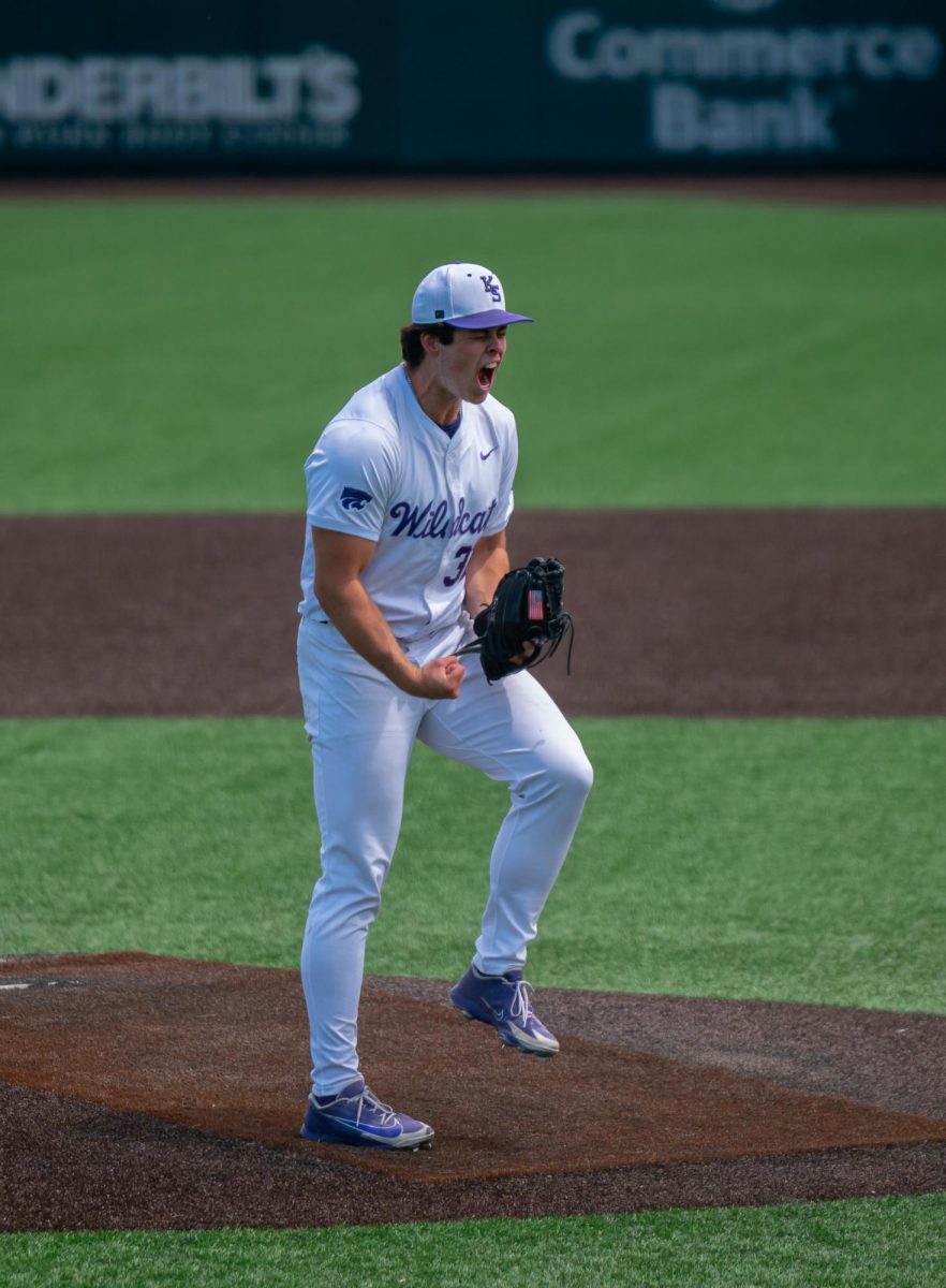 James Guyette (32), Kansas State right-handed pitcher, screams after recording his 13th strikeout to complete the first complete game of his career and secure Kansas State’s 5-2 win over Cincinnati on May 10, 2026.
