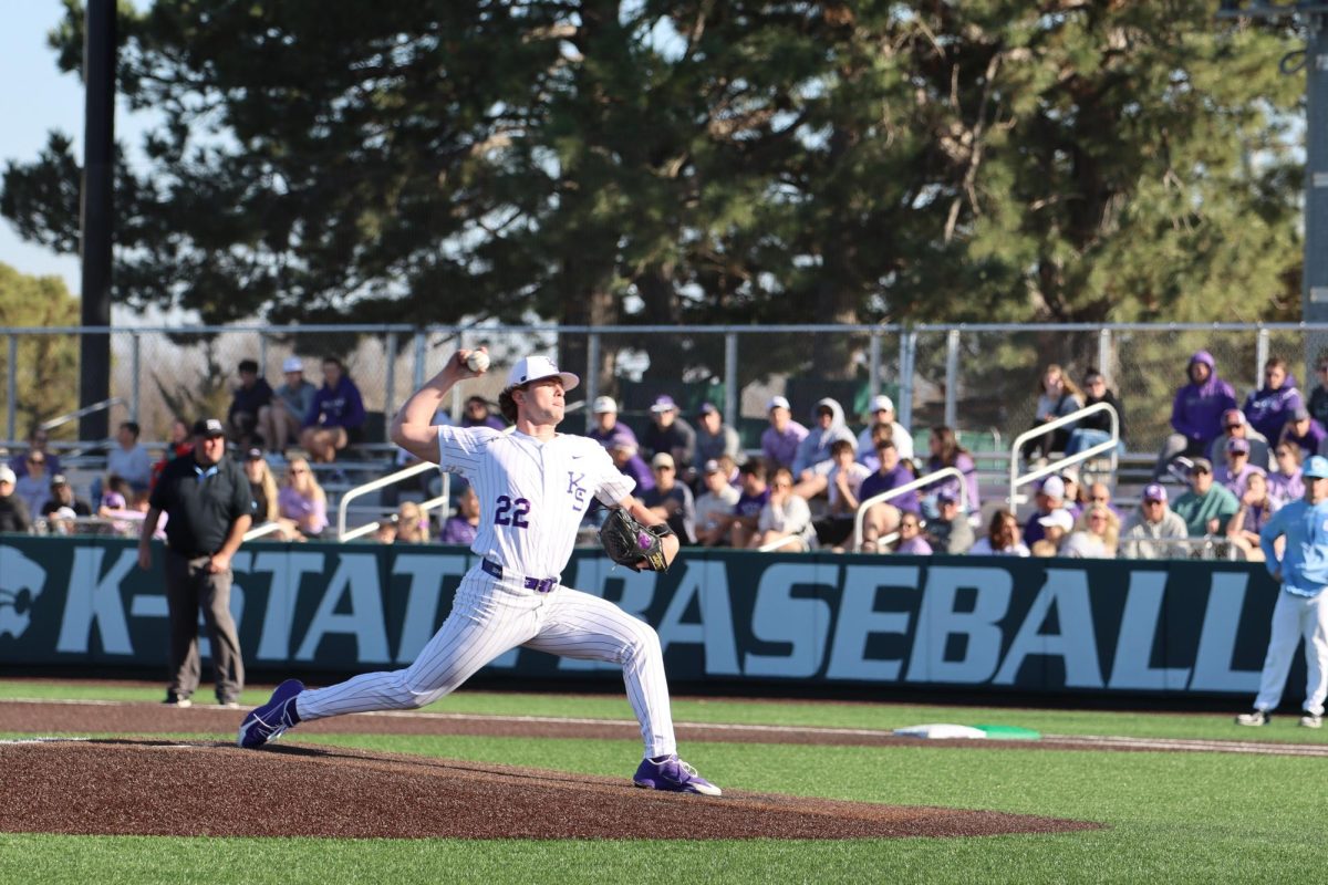 Tazwell Butler rifles in a strike to close out a 3-2 count, ending Columbia's at-bat in the 7th inning. K-State beat Columbia, 5-2 at Tointon Family Stadium on Feb. 28 for their spring home opener.