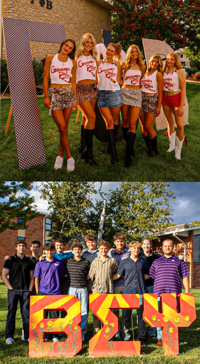 Members of the Gamma Phi Beta and Beta Sigma Psi chapters pose for a photo in front of their house letters.