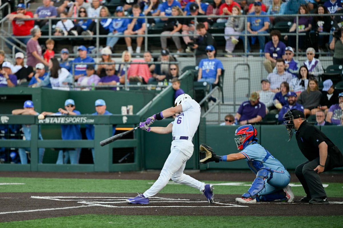 Senior infielder Grant Gallagher swings at a pitch during the Sunflower Showdown on April 24 at Tointon Family Stadium.