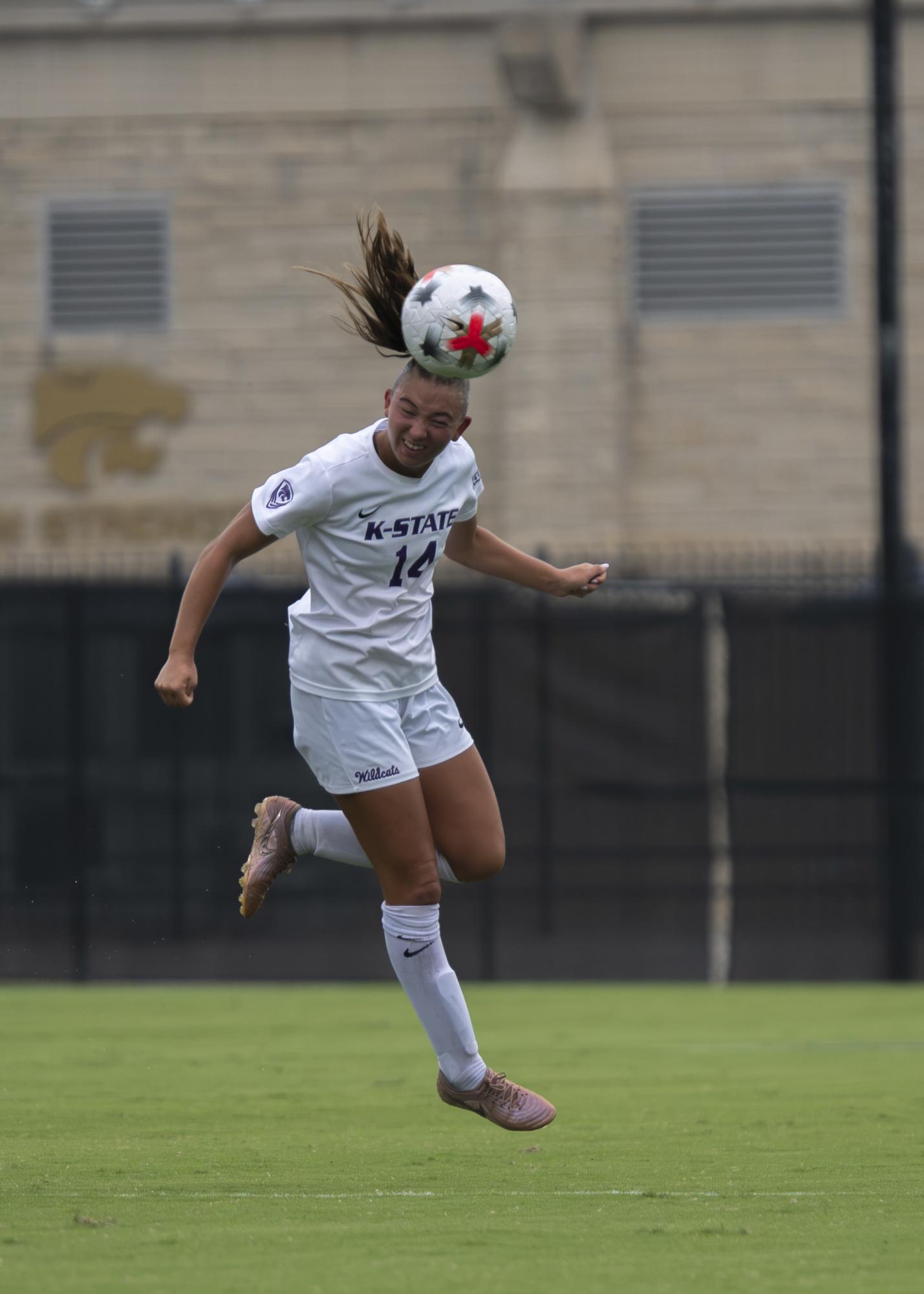 K-State defender Reece Walrod heads the ball during the Wildcats’ game against the Jackrabbits on Aug. 23, at Buser Family Park in Manhattan, Kansas. Walrod enters the season after playing every minute of K-State’s 2025 campaign, the only Wildcat to do so.