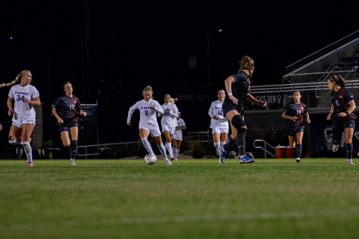 Junior Rilyn Rintoul runs the soccer ball downfield towards Iowa State's goal. The Wildcats ended the game in a 2-2 draw against the Cyclones at Buser Family Park on October 30, 2025. 