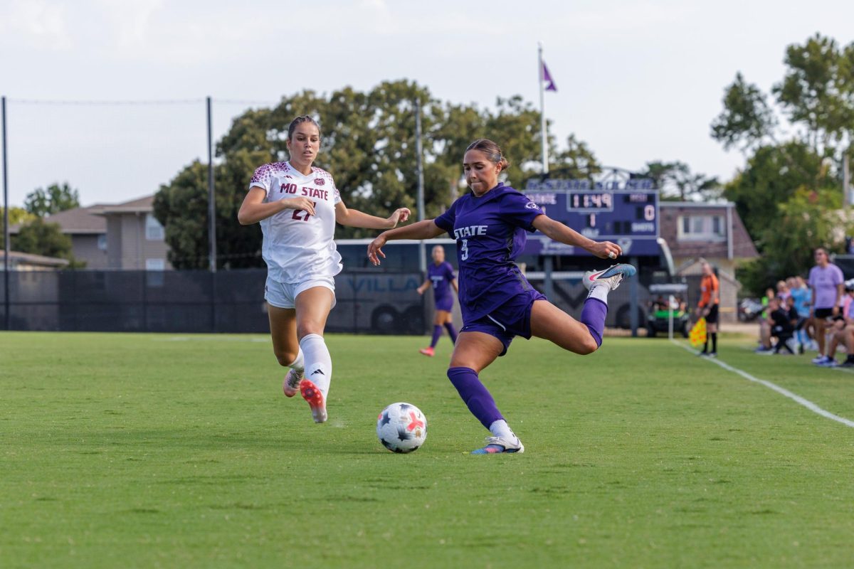 Freshman Lauren Moylan takes a shot against Missouri State in K-State's 3-0 win on Thursday, Aug. 20, at Buser Family Park.
