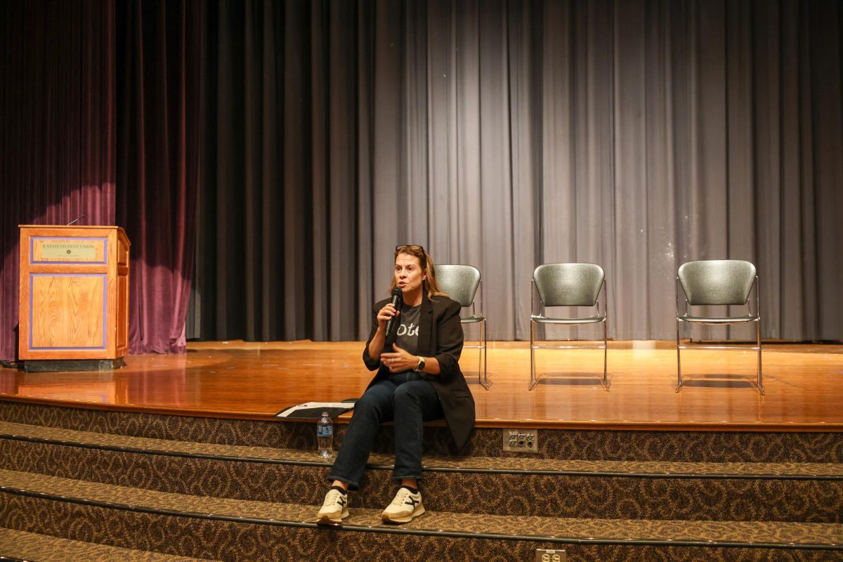 Candidate for Secretary of State, Jennifer Day answers an audience members question in Forum Hall on Sept. 15. Jennifer Day has been campaigning since December 2025. 