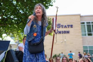 Evangelist and social media influencer Sister Cindy preaches at Bosco Plaza on Sept. 10.
