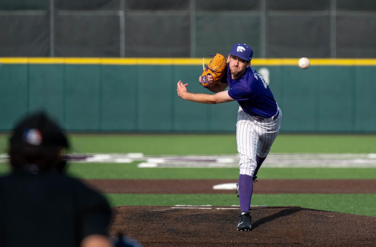 K-State pitcher Adam Arther hurls a pitch in the Wildcats' exhbition game against the Mississauga Tigers. Arther is coming off a career high in innings pitched and appearances in 2026.