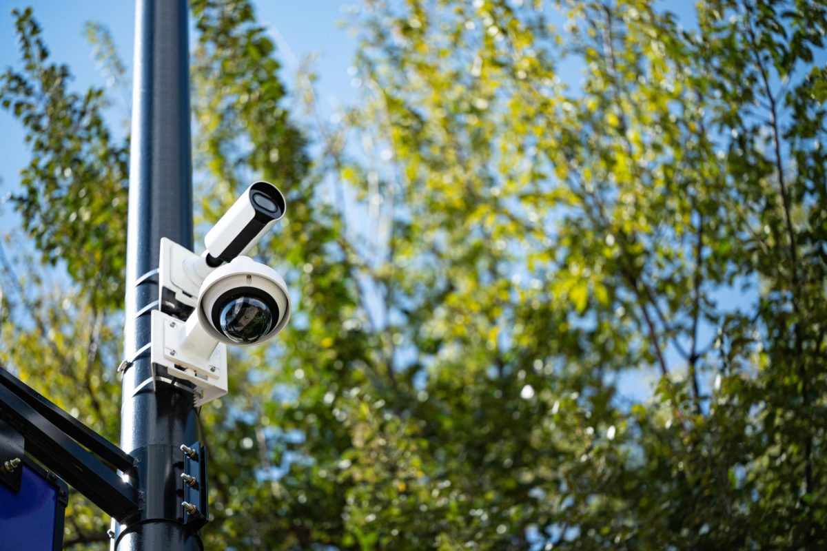 A close-up shot of Verkada cameras located at Martin Luther King Jr. Memorial Drive, in between the World War I Memorial Stadium and the K-State Student Union. The cameras allow authorized users to watch a live feed and easily search the cameras' memory for individuals, vehicles and movement.