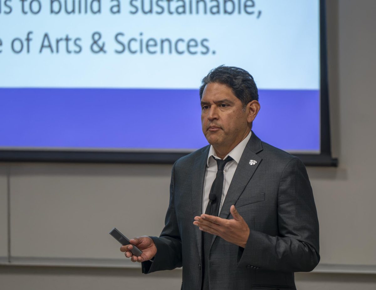 Provost and Executive Vice President Jesse Perez Mendez speaks during the College of Arts and Sciences town hall. Mendez is the university's chief academic officer and provides over sight for academic planning, resource allocation and innovation in all academic programs.