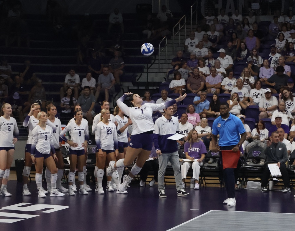 Sophomore Caleigh Ponn serves the ball to continue the game. The Wildcats defeated CUSN 3-0 on Sept. 13 at Morgan Family Arena. 