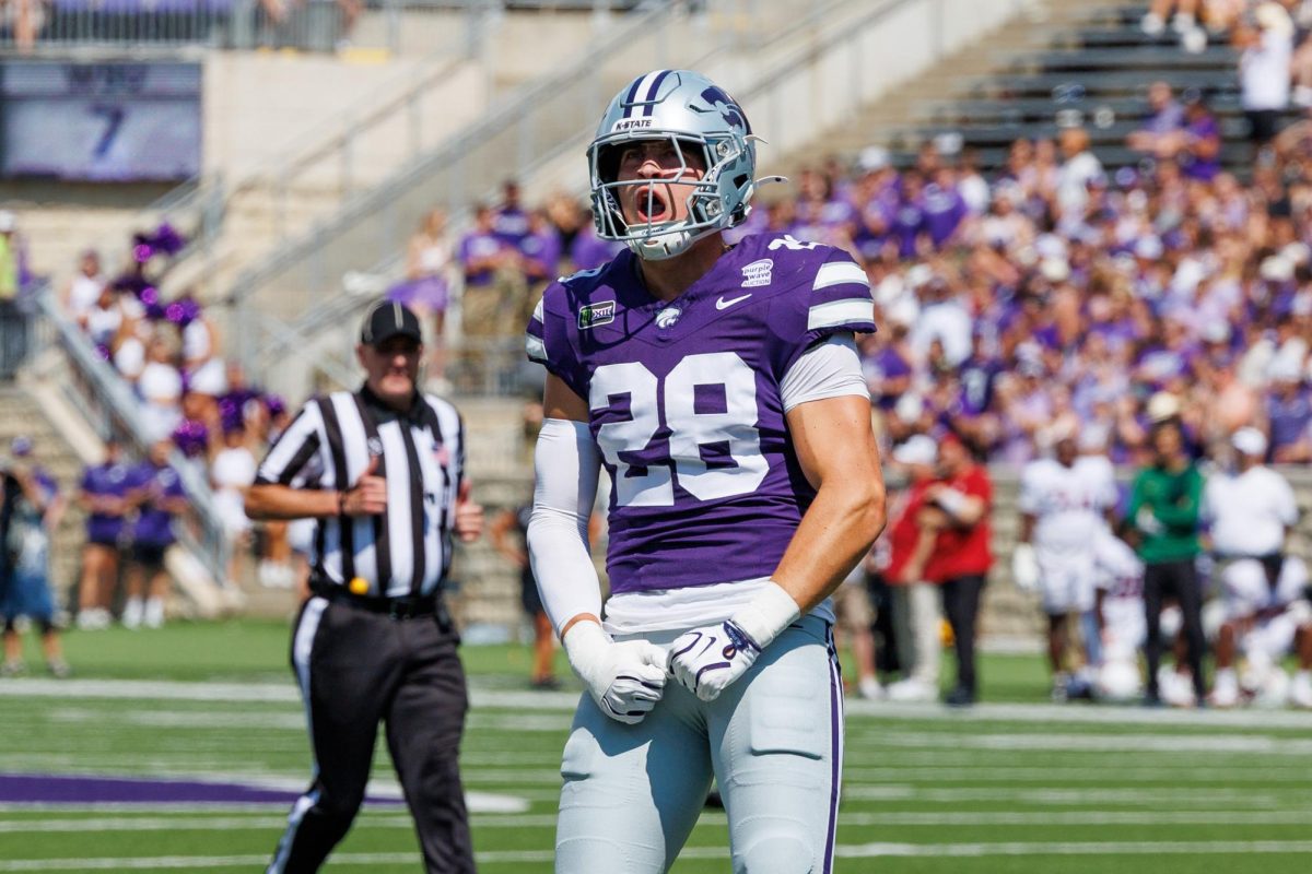 Wildcat defender Rex Van Wyhe (28) celebrates after recording sack against Washington State.