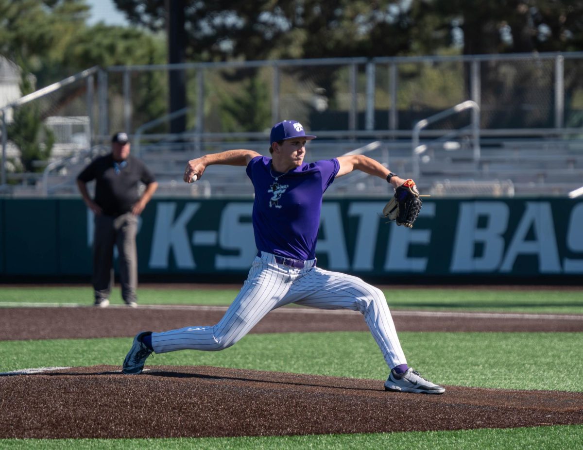 K-State pitcher (15) Grady Westphal throws a pitch during the Wildcats' exhibition game against Western Oklahoma State on Oct. 9.