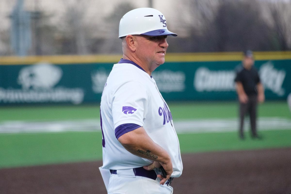K-State baseball head coach Pete Hughes reacts to a strike call against a player as the Wildcats face SIUE on March 6 at Tointon Family Stadium.