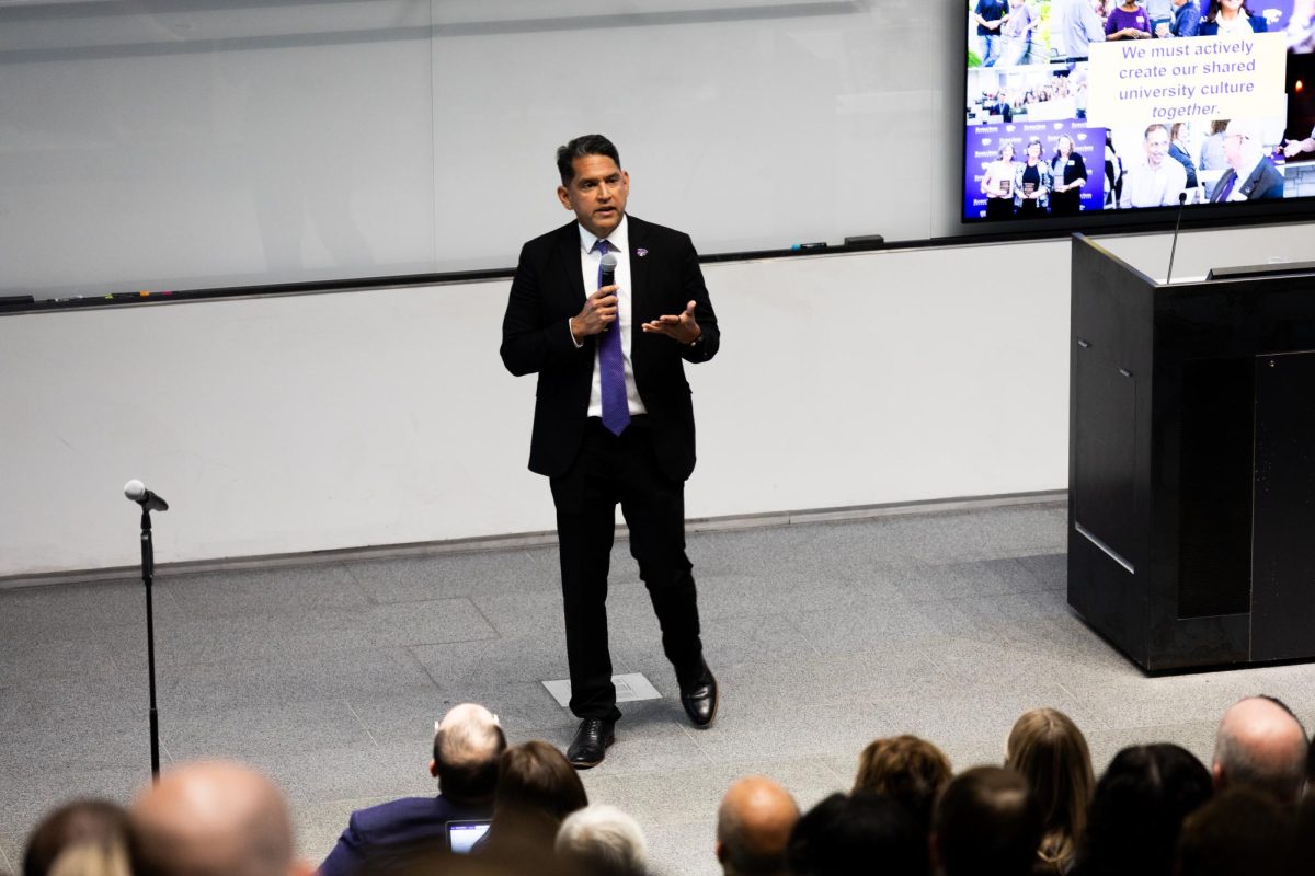 Dr. Jesse Perez Mendez, provost and executive vice president of K-State, addresses staff in Regnier Forum on Oct. 20.