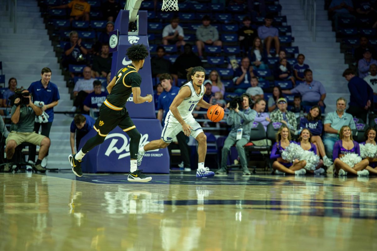 K-State guard Jaylen Alexander dribbles down the court against the University of Missouri during the first half of the exhibition game on, Oct. 23, in Manhattan. The Wildcats took an early lead before Mizzou rallied to secure a 71-67 victory.